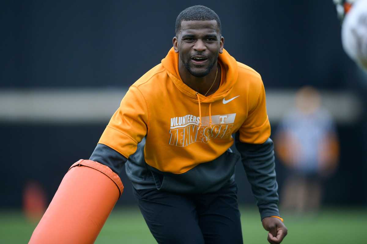 Tennessee WRs coach Kelsey Pope during practice in Knoxville, Tennessee, on April 5, 2022. (Photo by Calvin Mattheis of the News Sentinel)